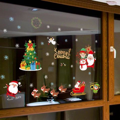 Weihnachtsfensteraufkleber Weihnachtsmann Rentier Schlitten Schneeflocken Weihnachtsbaum PVC Statische Aufkleber Für Glas Shop Deko