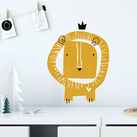 Hand Drawn Cartoon Lion Wall Sticker With Crown Heart Pattern Removable PVC Decal For Kids Room Nursery Home Wall Decor