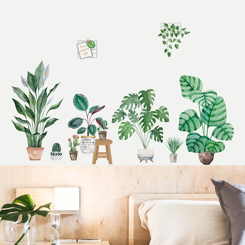 Aquarel Potplanten Muurstickers Verwijderbaar PVC Groen Tropische Bladeren Monstera Cactus Muurstickers Voor Woonkamer