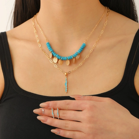 Boho Legierung Vergoldet Schmuckset Mehrlagige Halskette Und Wellenförmige Ohrringe Türkis Perlen Geometrische Anhänger Damen Schmuck