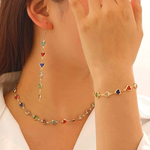 Parure de Bijoux Style Européen Cœur Mauvais Œil Coloré Alliage Or Argent Collier Bracelet Pour Femme Bijoux Plage Fête