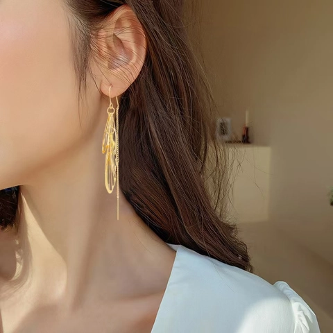 Elegant Hollow Leaf Tassel Ear Threads Long Dangle Earrings With 925 Sterling Silver Earring Post Zirconia Star Jewelry For Women
