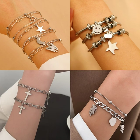 Fashion Stainless Steel Alloy Layered Bracelet For Women Silver Chain With Star Moon Butterfly Cross Rhinestone Charms Jewelry Gift