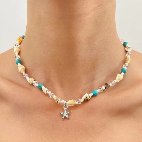 Bohemia Mermaid Shell Pendant Necklace For Women Alloy Artificial Pearl Rhinestone Sea Star Starfish Choker Beach Jewelry Gift