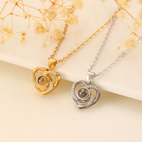 Copper Heart Shaped Projection Necklace Rhinestone Inlaid Mom I Love You Pendant Necklace For Women Mothers Day Gift
