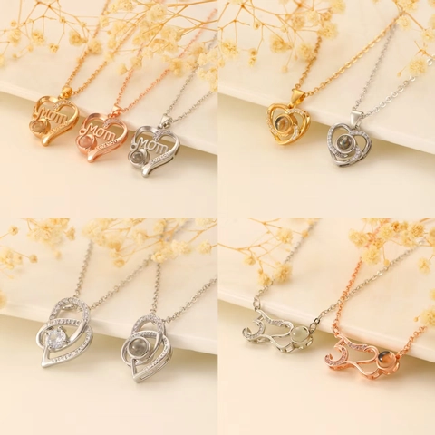Copper Heart Shaped Projection Necklace Rhinestone Inlaid Mom I Love You Pendant Necklace For Women Mothers Day Gift