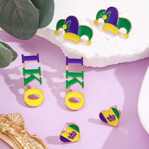 Western Mardi Gras Carnival Jester Hat Crown Heart IKO Letter Stud Earrings Alloy Enamel Colorful Party Jewelry For Women