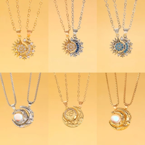 Fashion Sun Moon Couple Necklace Copper Rhinestone Pendant Magnetic Matching Jewelry Set For Best Friends Lover Gift