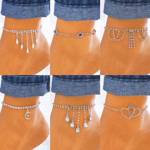 Bracelet de Cheville à Gland en Strass Étincelant pour Femmes Alliage Géométrique Goutte d'Eau Bijoux de Fête de Mariage