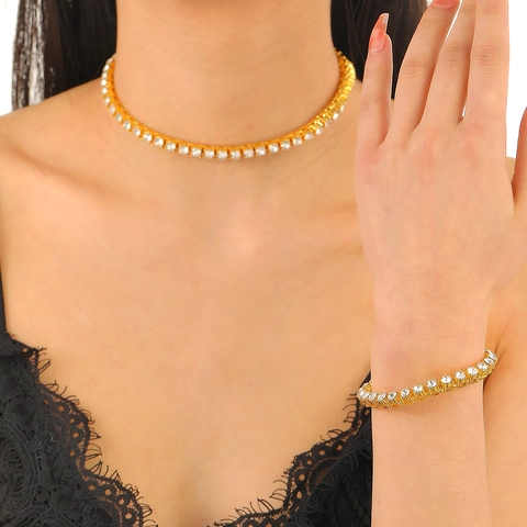 Elegante Conjunto de Collar y Pulsera Tennis de Aleación con Diamantes de Imitación Brillante Geometría Joyería para Mujer Boda