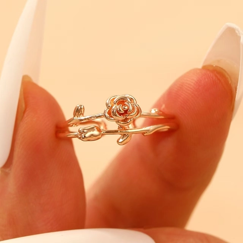 Vintage Rose Flower Tulip Adjustable Open Ring For Women Copper Alloy Zirconia Leaf Branch Fashion Finger Ring Jewelry