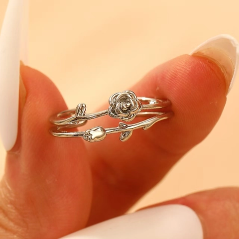 Vintage Rose Flower Tulip Adjustable Open Ring For Women Copper Alloy Zirconia Leaf Branch Fashion Finger Ring Jewelry