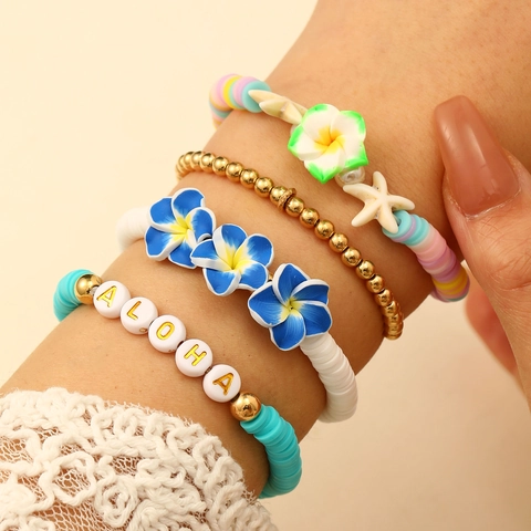 Juego de Pulseras de Arcilla Polimérica Bohemia para Mujer Multicolor Cuentas Heishi Aloha Estrella de Mar Flor Joyería de Playa Elástica