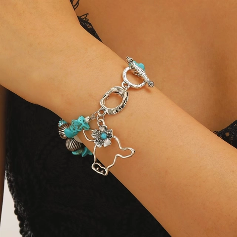 Westerse Cowboy Stierenkop Hanger Turkoois Kralen Armband Boheems Vintage Legering Zonnebloem Vlinder Bedels Sieraden Vrouwen