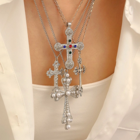 Vintage Baroque Cross Pendant Necklace For Women Gold Silver Plated Faux Artificial Pearl Colorful Rhinestone Layered Gothic Jewelry