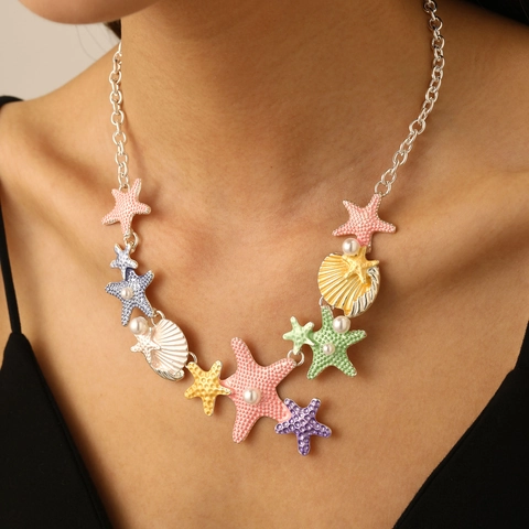 Collana Bracciale Orecchini in Lega a Forma di Stella Marina e Conchiglia con Perla Artificiale Smalto Colorato Mare Estate Donna Gioielli