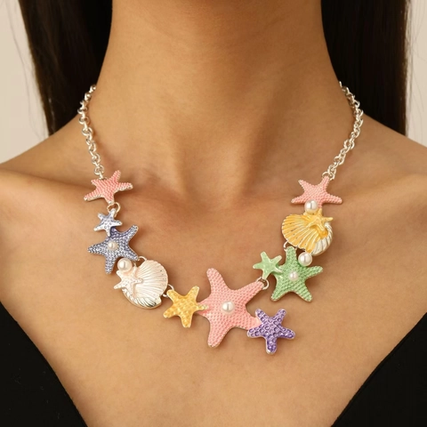 Collana Bracciale Orecchini in Lega a Forma di Stella Marina e Conchiglia con Perla Artificiale Smalto Colorato Mare Estate Donna Gioielli