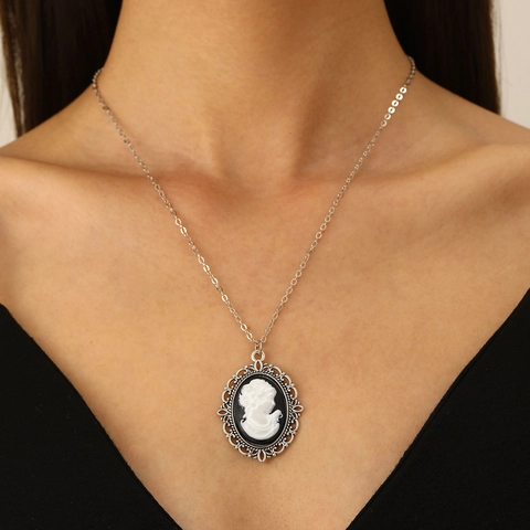 Cameo Anhänger Halskette Und Ohrringe Vintage Stil Porträt Silhouette Antik Metall Schmuck Für Damen