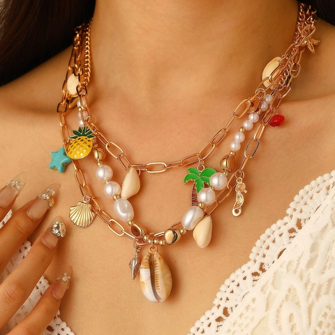 Bohemian Ocean Theme Gold Alloy Necklace And Bracelet With Shell Starfish Pineapple Enamel Pendant Jewelry For Women Beach Holiday
