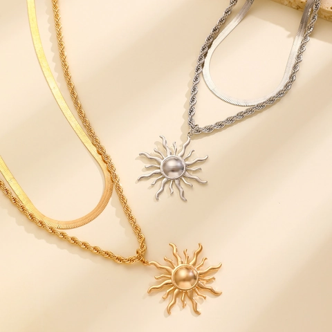 Collana a Doppio Strato con Ciondolo a Sole Boémien Lega Strass Perla Artificiale Oro Argento Gioielli per Donna Uomo