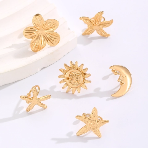 Western Style Alloy Ear Cuff Set Gold Starfish Sun Moon Flower Non Piercing Clip On Earrings For Women Fashion Jewelry