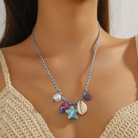 Collana con Pendente a Forma di Pesce in Ceramica e Conchiglia Oceanica Bohémien Corda Intrecciata Gioielli da Spiaggia Donna