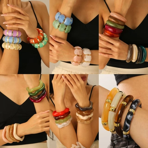 Western Retro Marbling Resin Bangle For Women Geometric Alloy Exaggerated Irregular Open Cuff Bracelet Fashion Hand Jewelry