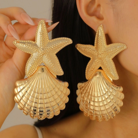Pendientes De Aleación De Estrella De Mar Concha Pulpo Estilo Playa Vacaciones Océano Exagerados Grandes Para Mujer