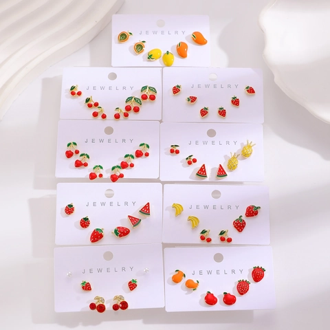 Summer Alloy Fruit Stud Earrings Set Cute Cherry Strawberry Watermelon Enameled Rhinestone Earrings For Women Jewelry Gift