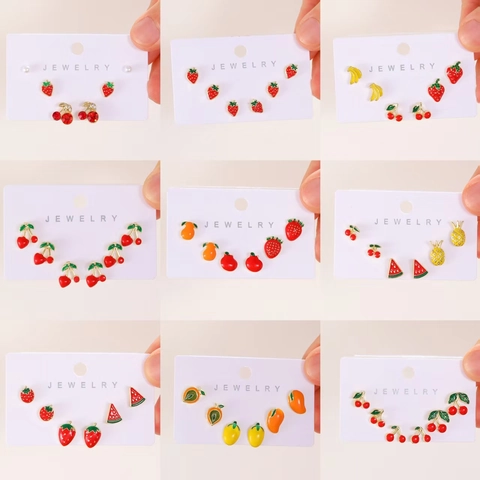 Summer Alloy Fruit Stud Earrings Set Cute Cherry Strawberry Watermelon Enameled Rhinestone Earrings For Women Jewelry Gift