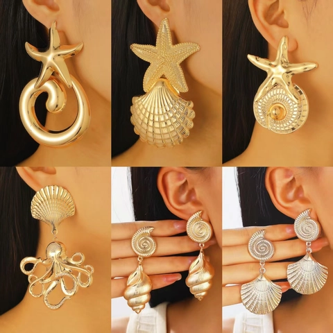 Ocean Theme Starfish Seashell Octopus Statement Earrings For Women Alloy Gold Silver Plated Large Marine Drop Earrings Vintage Fashion Jewelry