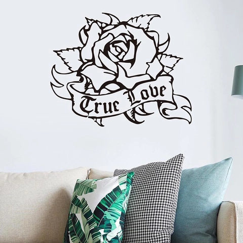 Vintage Zwarte Roos Bloem Muursticker True Love Lint Ontwerp PVC Verwijderbare Decoratieve Sticker Voor Slaapkamer Woonkamer
