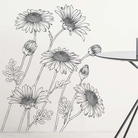 Adesivo da Parete Minimalista Schizzo Bianco e Nero Fiore di Margherita PVC Decorativo Line Art Decalcomania per Soggiorno