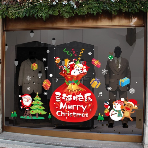 Weihnachten Fensterbilder PVC Statische Aufkleber Cartoon Weihnachtsmann Schneemann Rentier Baum Dekoration Für Glas Schaufenster Ferien Haus Dekor