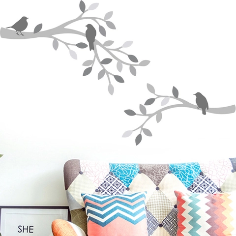 Stickers Muraux Minimalistes Branche d'Arbre Oiseau Gris PVC Auto-adhésifs pour Salon Chambre à Coucher Décoration Maison Moderne