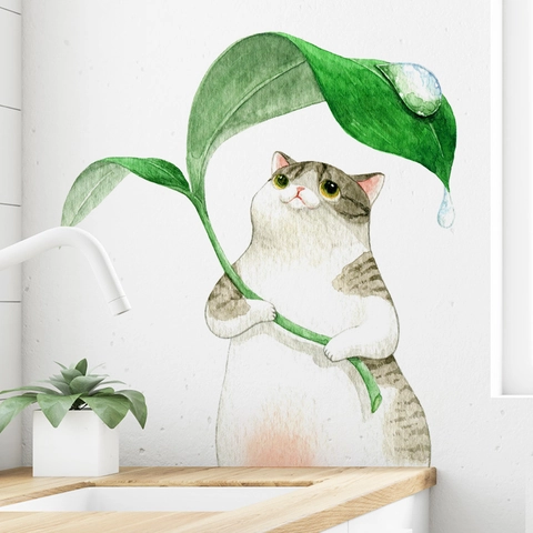 Cartoon Cat With Green Leaf Wall Sticker PVC Waterproof Watercolor Animal Decal For Kids Room Kindergarten Home Decor