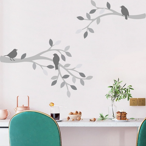 Stickers Muraux Minimalistes Branche d'Arbre Oiseau Gris PVC Auto-adhésifs pour Salon Chambre à Coucher Décoration Maison Moderne