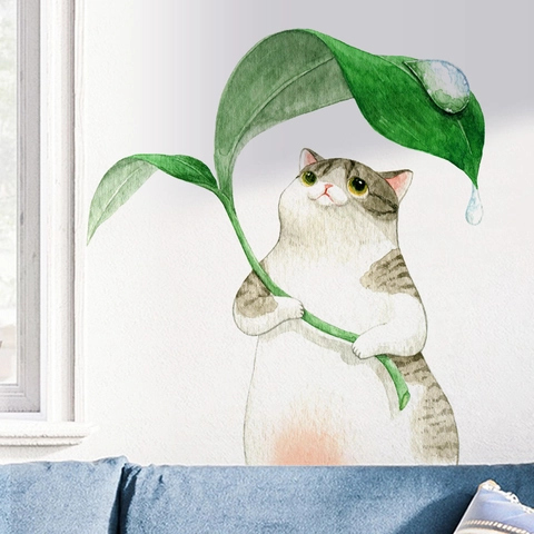 Cartoon Cat With Green Leaf Wall Sticker PVC Waterproof Watercolor Animal Decal For Kids Room Kindergarten Home Decor