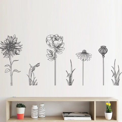Black Minimalist Sunflower Rose Sketch Wall Sticker PVC Removable Flower Decal For Living Room Bedroom Home Decor