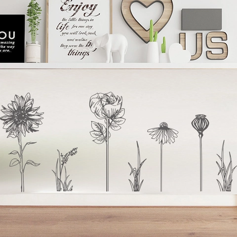 Black Minimalist Sunflower Rose Sketch Wall Sticker PVC Removable Flower Decal For Living Room Bedroom Home Decor