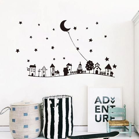 Adesivo da Parete Silhouette Città Notte Stellata Luna Cartoon PVC Impermeabile DIY Decorazione per Camera Bambini Nero Decalcomania