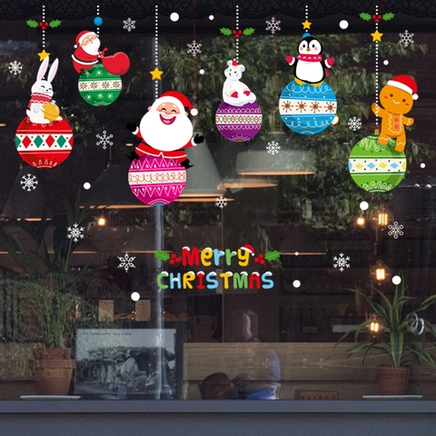 Pegatinas de Ventana de Feliz Navidad Papá Noel Pingüino Animales de Dibujos Animados PVC Calcomanías Estáticas Decoración de Vitrina Festiva