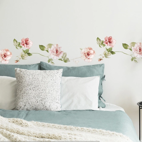 Adesivo da Parete con Fiori di Rosa Rosa Acquerello Removibile in PVC Autoadesivo Murale per Camera da Letto Soggiorno Decorazione Casa