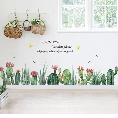 Watercolor Cactus Succulent Wall Stickers Removable PVC Botanical Wall Decals For Living Room Bedroom Home Decor