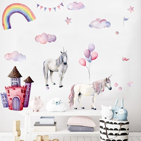 Watercolor Unicorn Castle Wall Stickers Rainbow Clouds Stars Heart Bunting PVC Decals For Kids Girls Nursery Bedroom Decor