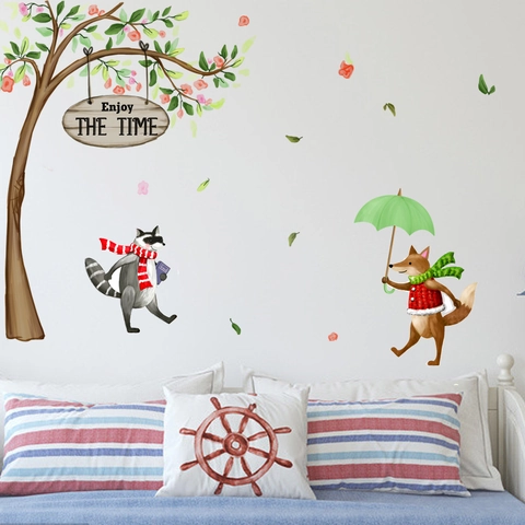 Cartoon Forest Fox And Raccoon Under Tree Wall Stickers PVC Removable Self Adhesive DIY Wall Decals For Kids Room Nursery Decor