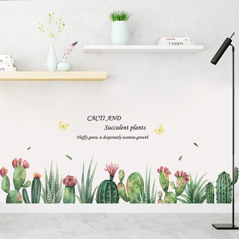 Watercolor Cactus Succulent Wall Stickers Removable PVC Botanical Wall Decals For Living Room Bedroom Home Decor