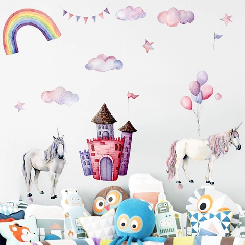 Watercolor Unicorn Castle Wall Stickers Rainbow Clouds Stars Heart Bunting PVC Decals For Kids Girls Nursery Bedroom Decor