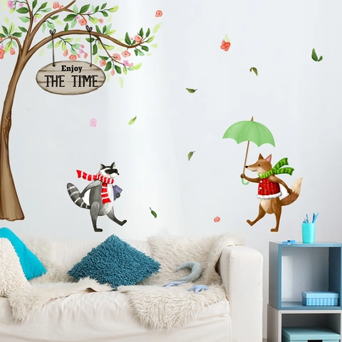 Cartoon Forest Fox And Raccoon Under Tree Wall Stickers PVC Removable Self Adhesive DIY Wall Decals For Kids Room Nursery Decor