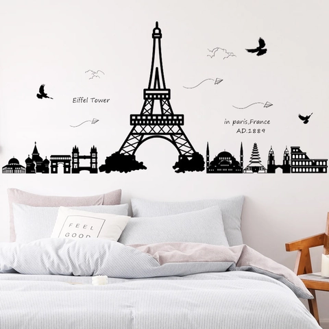 Moderne Minimalistische Schwarze Welt Wahrzeichen Gebäude Silhouette Wandaufkleber Abnehmbare PVC DIY Kunst Wandbild Für Heimtextilien